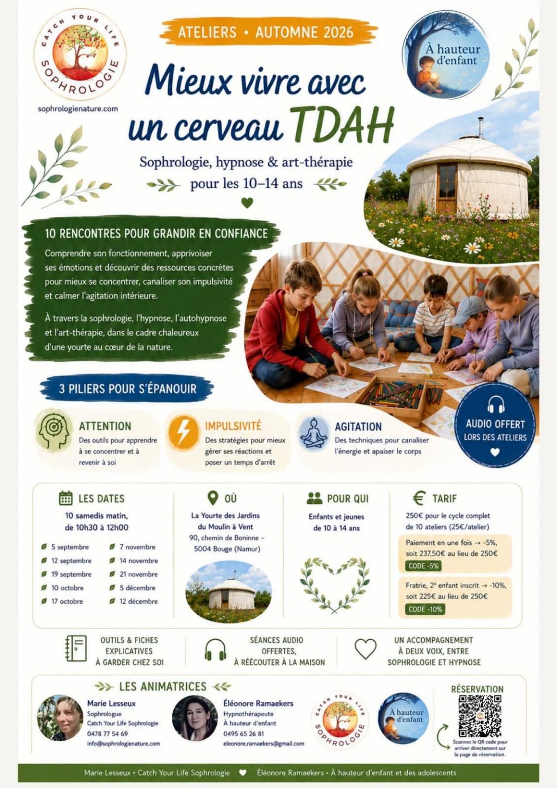 Affiche du cycle Mieux vivre avec un cerveau TDAH, dix ateliers pour les 10 à 14 ans à La Yourte de Bouge, de septembre à décembre 2026