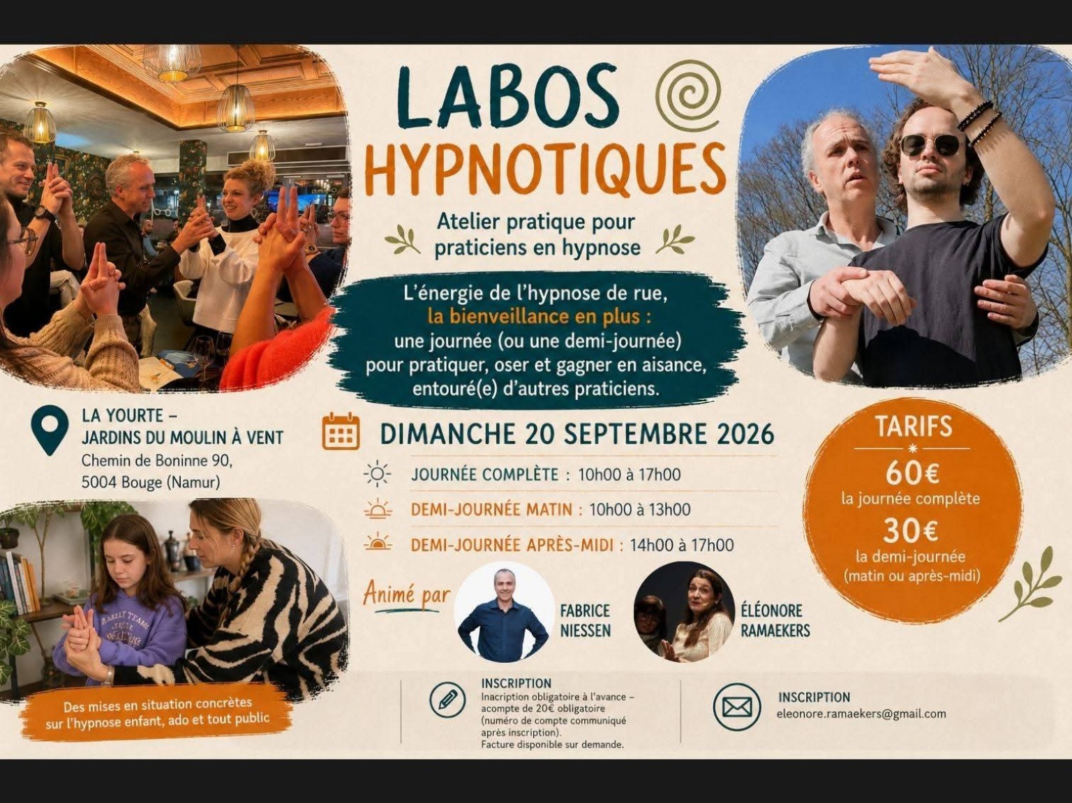 Affiche des Labos hypnotiques du 20 septembre 2026 à La Yourte à Bouge, atelier pratique pour praticiens en hypnose